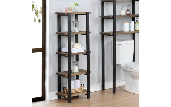 Bixby 48'' brown solid pine wood freestanding bathroom shelves with black powder-coated steel frame, rustic transitional style, five-tier storage unit for toiletries and towels.