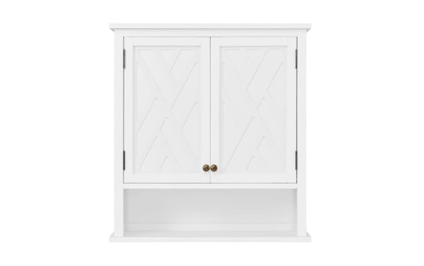 Thatcher White solid wood bathroom wall cabinet with decorative paneled doors, transitional style, pine solids and MDF, moisture-resistant design.