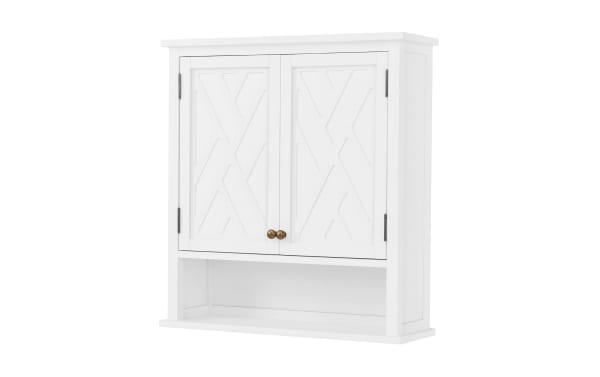 Thatcher White Solid Wood Bathroom Wall Cabinet with decorative paneled doors, pine solids and MDF, moisture-resistant, transitional style.
