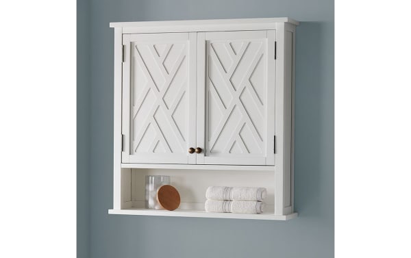 Thatcher White Solid Wood Bathroom Wall Cabinet in transitional style with decorative carved doors, pine solids and MDF, moisture-resistant finish.