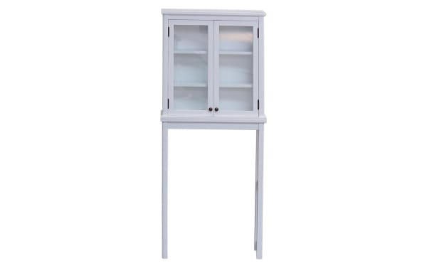 Yukon 66'' white solid wood over-the-toilet bathroom space saver cabinet with glass doors, pine solids and MDF, transitional style.