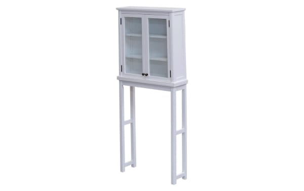Yukon 66'' white solid wood over-the-toilet bathroom space saver cabinet with glass doors, pine solids and MDF, transitional style