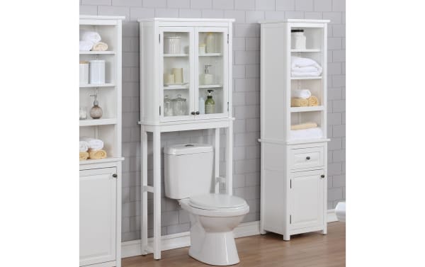 Yukon 66'' white solid wood over-the-toilet bathroom space saver cabinet in transitional style, made of pine solids and MDF, with glass doors and open shelves.