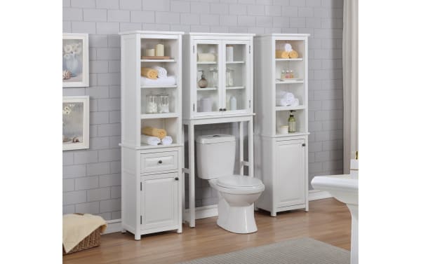 Yukon 66'' White solid wood over-the-toilet bathroom space saver cabinet set with pine solids and MDF, transitional style, featuring open shelves and closed storage.