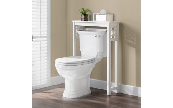 Austin 37'' white solid wood over-the-toilet bathroom shelf in transitional style, made of pine solids and MDF with decorative gridwork for storage.