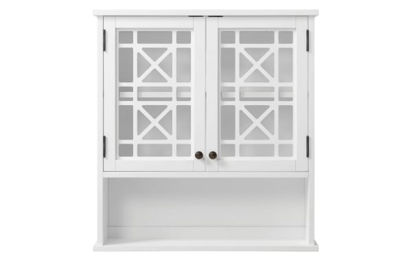 Austin White Solid Wood Bathroom Wall Cabinet from the Austin collection, transitional style with pine solids and MDF, featuring white gridwork glass doors and open bottom shelf for bathroom storage.