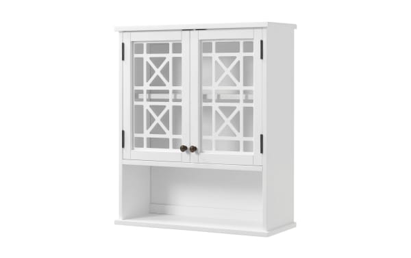 Austin White Solid Wood Bathroom Wall Cabinet from Austin collection, featuring transitional style, pine solids and MDF, with decorative gridwork glass doors and open bottom shelf for storage.