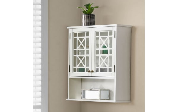 Austin White Solid Wood Bathroom Wall Cabinet in transitional style with pine solids and MDF, featuring glass doors with gridwork detail and open shelf for storage.