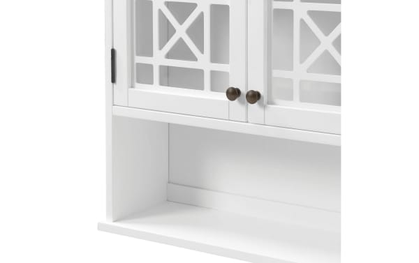 Austin White Solid Wood Bathroom Wall Cabinet from the Austin collection, featuring pine solids and MDF, transitional style, white finish, glass doors with gridwork detail, and open bottom shelf for bathroom storage.
