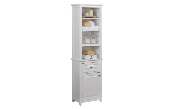 Yukon 65'' white solid wood freestanding bathroom cabinet with drawer, transitional style, pine solids and MDF, open shelves, lower cabinet storage.