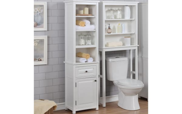 Yukon 65'' white solid wood freestanding bathroom cabinet with drawer, pine solids and MDF, transitional style, open shelves and lower storage.