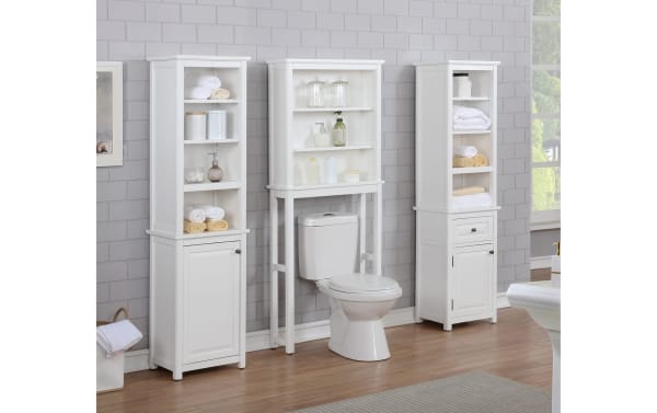 Yukon 65'' white solid wood freestanding bathroom cabinet with drawer, pine solids and MDF, transitional style, features open shelves and closed storage.