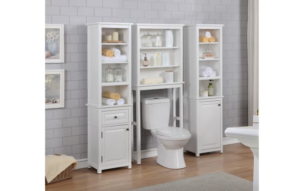 Yukon 65'' white solid wood freestanding bathroom cabinet with drawer, pine solids and MDF, transitional style, open shelving, and closed storage.
