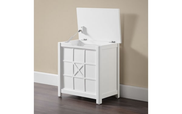 Austin White Solid Wood Hamper from the Austin collection, transitional style with pine solids and MDF, featuring a white gridwork design and lift-top lid for laundry storage.