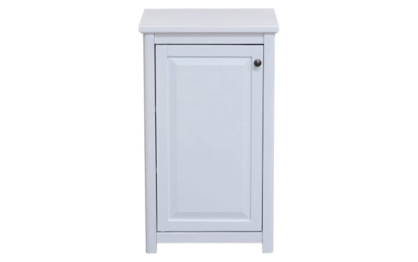 Yukon 29'' white solid wood freestanding bathroom cabinet in transitional style, made of pine solids and MDF, with a single door and knob handle for concealed storage.
