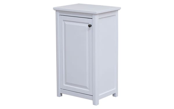 Yukon 29'' white solid wood freestanding bathroom cabinet in transitional style, made of pine solids and MDF, with a single door for concealed storage.