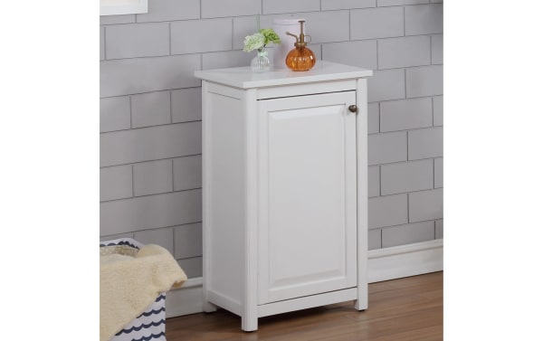 Yukon 29'' white solid wood freestanding bathroom cabinet with single door, transitional style, pine solids and MDF construction, sturdy storage solution.