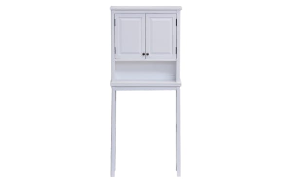 Yukon 66'' white solid wood over-the-toilet bathroom space saver cabinet with two doors, open shelf, pine solids and MDF, transitional style.
