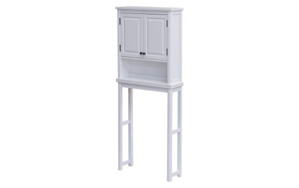Yukon 66'' white solid wood over-the-toilet bathroom space saver cabinet with shelf, pine solids and MDF, transitional style with two doors and open storage.