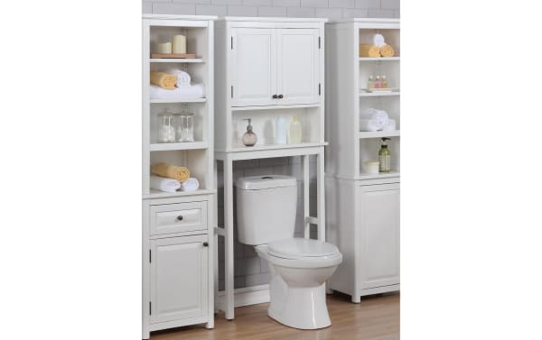 Yukon 66'' white solid wood over-the-toilet bathroom space saver cabinet in transitional style, made of pine solids and MDF, with two cabinet doors and open shelf.