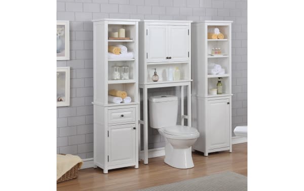 Yukon 66'' white solid wood over-the-toilet bathroom space saver cabinet with shelf, pine solids and MDF, transitional style, two cabinet doors, open shelving for storage and easy access.