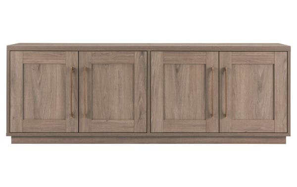 Syvia 68'' Ash Gray Storage TV Stand in transitional style, MDF material, featuring dual-level closed cabinet shelving with four doors and brass handles for media storage.