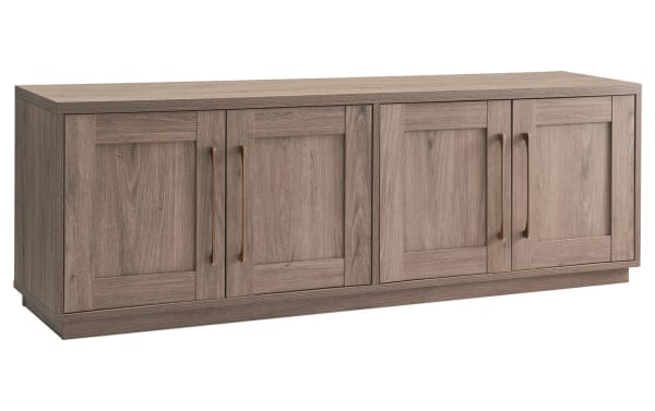 Syvia 68'' Ash Gray Storage TV Stand in transitional style with MDF construction, dual-level closed cabinet shelving, and cord management.