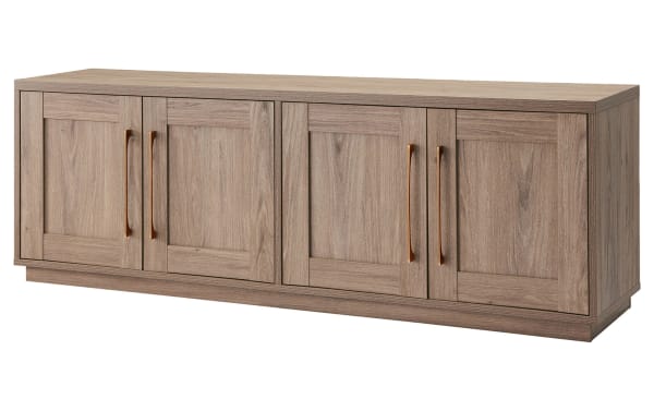 Syvia 68'' Ash Gray Storage TV Stand in transitional style with MDF construction, four paneled doors, dual-level shelving, and cord management.