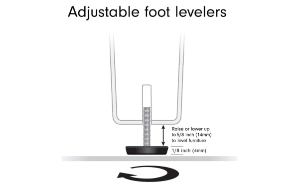Adjustable foot leveler for Syvia 68'' Ash Gray Storage TV Stand with threaded metal screw and black base, raises or lowers up to 5/8 inch for leveling.