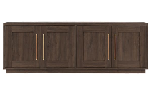 Syvia 68'' Brown Storage TV Stand in transitional style, MDF wood with dark brown finish, featuring four paneled doors with gold handles and ample closed cabinet storage.
