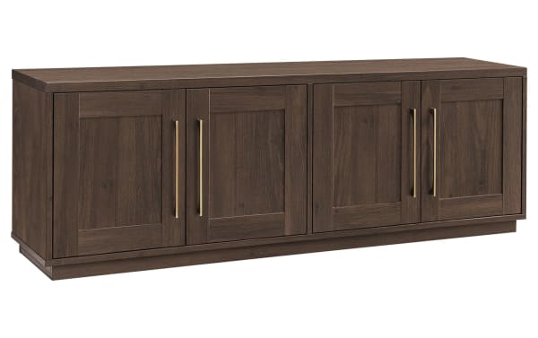 Syvia 68'' Brown Storage TV Stand in transitional style with MDF construction, four paneled doors, brass handles, and ample closed cabinet shelving.
