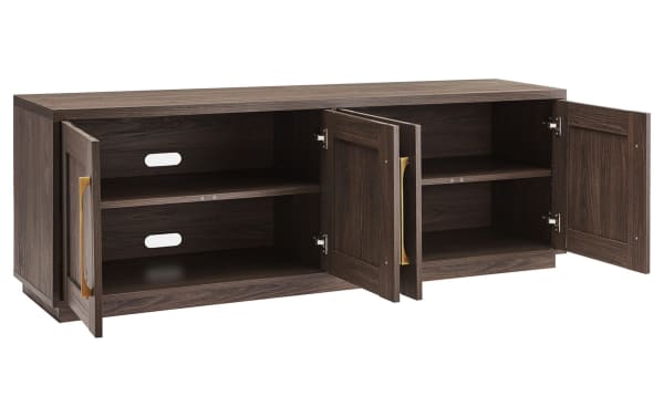 Syvia 68'' Brown Storage TV Stand in transitional style with MDF construction, dual-level closed cabinet shelving, and cord management openings.