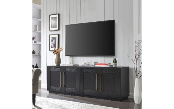 Syvia 68'' Black Storage TV Stand in transitional style, MDF material, features dual-level closed cabinet shelving, brass handles, and cord management.