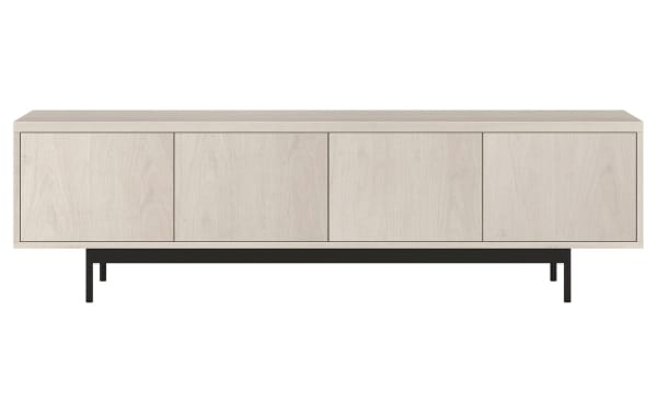 Charlene 70'' White Oak Storage TV Stand with MDF and metal, transitional style, four cabinet doors, low 20'' height, cable management openings.