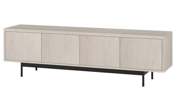 Charlene 70'' White Oak Storage TV Stand with MDF and metal frame, transitional style, four enclosed cabinets, low 20'' height for oversized TVs.