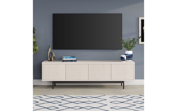 Charlene 70" white oak storage TV stand with MDF and metal, transitional style, low profile, four enclosed cabinets with cable management.