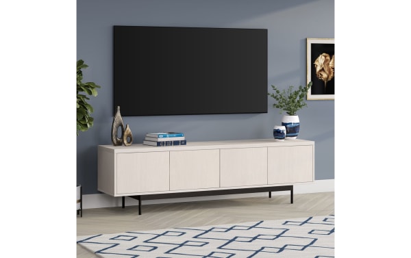 Charlene 70'' White Oak Storage TV Stand with MDF and metal, transitional style, four enclosed cabinets, low 20'' height, cable management, modern design.