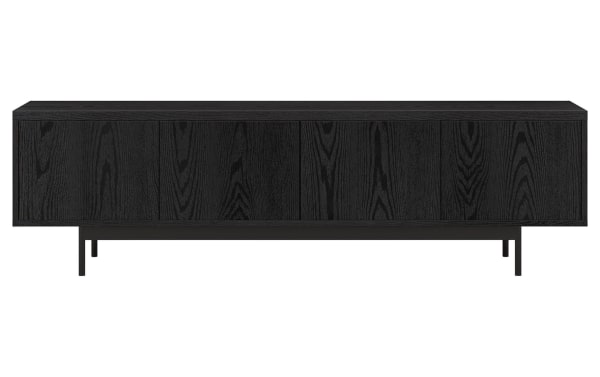 Charlene 70'' black transitional TV stand with MDF wood and metal frame, four enclosed cabinets with cable management, low 20'' height for wall TVs.