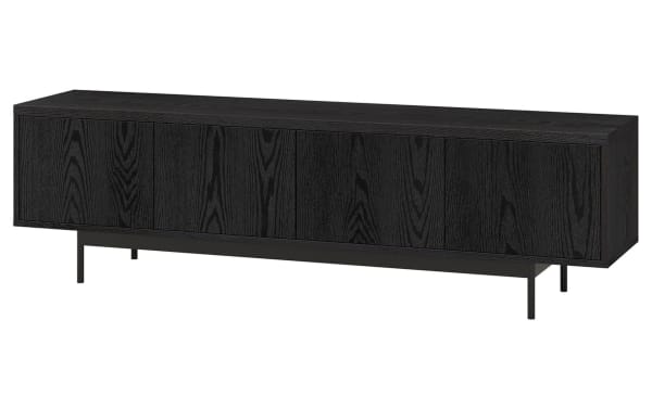 Charlene 70'' black MDF and metal transitional TV stand with four cabinet doors, cable management, and low 20'' height for oversized TVs.