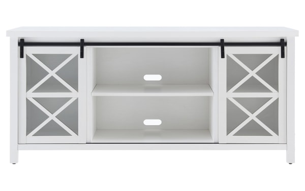 Brayland 68'' white storage TV stand with sliding barn doors, MDF and metal, contemporary farmhouse style, six shelves for media organization.