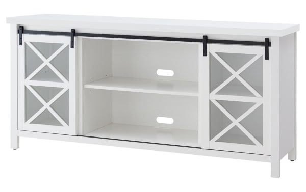 Brayland 68'' White Storage TV Stand with sliding barn doors, MDF and metal construction, contemporary farmhouse style, six shelves for media storage.