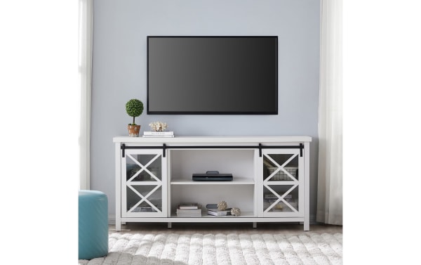 Brayland 68'' white storage TV stand with contemporary style, MDF and metal materials, sliding barn doors, six shelves for living room organization.