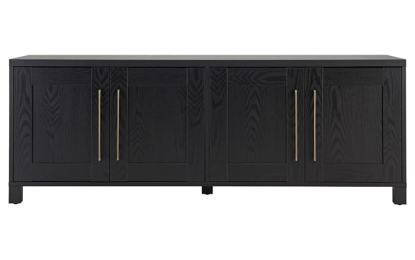 Zion 68'' Black Storage TV Stand in transitional style with sturdy MDF frame, four black paneled doors, gold handles, and six shelves for TVs up to 65".