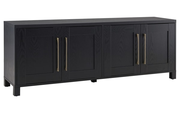 Zion 68'' Black Storage TV Stand in transitional style with sturdy MDF frame, four paneled doors, brass handles, and ample enclosed storage shelves.