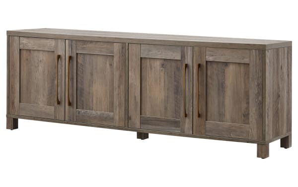 Zion 68'' Gray Storage TV Stand in transitional style with sturdy MDF frame, four cabinet doors, bronze handles, and ample shelf space for TVs up to 65".