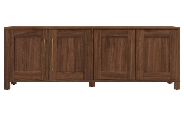 Zion 68'' Walnut Storage TV Stand with transitional style, MDF frame, four cabinet doors, and brass handles, fits TVs up to 65''.