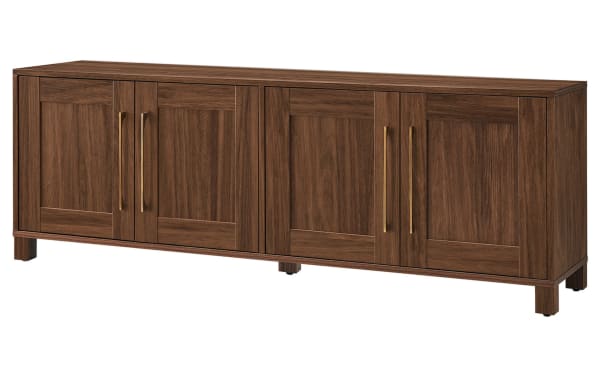 Zion 68'' Walnut Storage TV Stand in transitional style with sturdy MDF frame, four cabinet doors, six shelves, and walnut finish for TVs up to 65".
