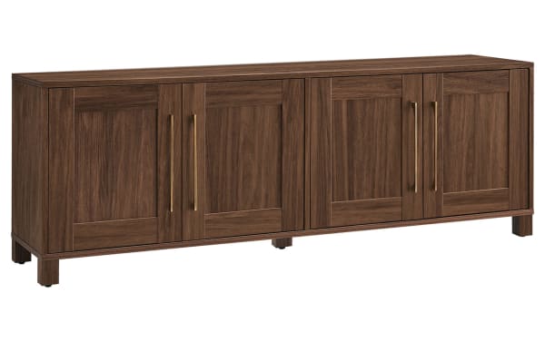 Zion 68'' Walnut Storage TV Stand in transitional style with sturdy MDF frame, four cabinet doors, six shelves, and walnut finish for TVs up to 65''.