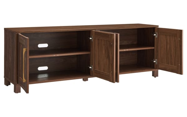 Zion 68'' Walnut Storage TV Stand in transitional style, MDF construction, walnut finish, two cabinet doors, six shelves, supports TVs up to 65''.