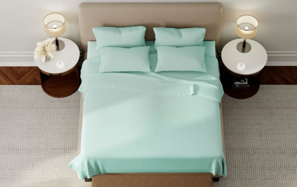 MyBob's Split Head California King Seafoam Airy Cotton 4 Piece Sheet Set in soft green cotton fabric with traditional style, fitted sheet, and pillowcases.